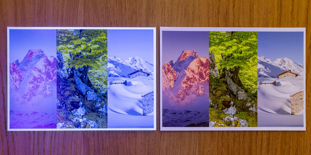 Comparación de papel con y sin blanqueadores ópticos observado bajo luz ultravioleta.